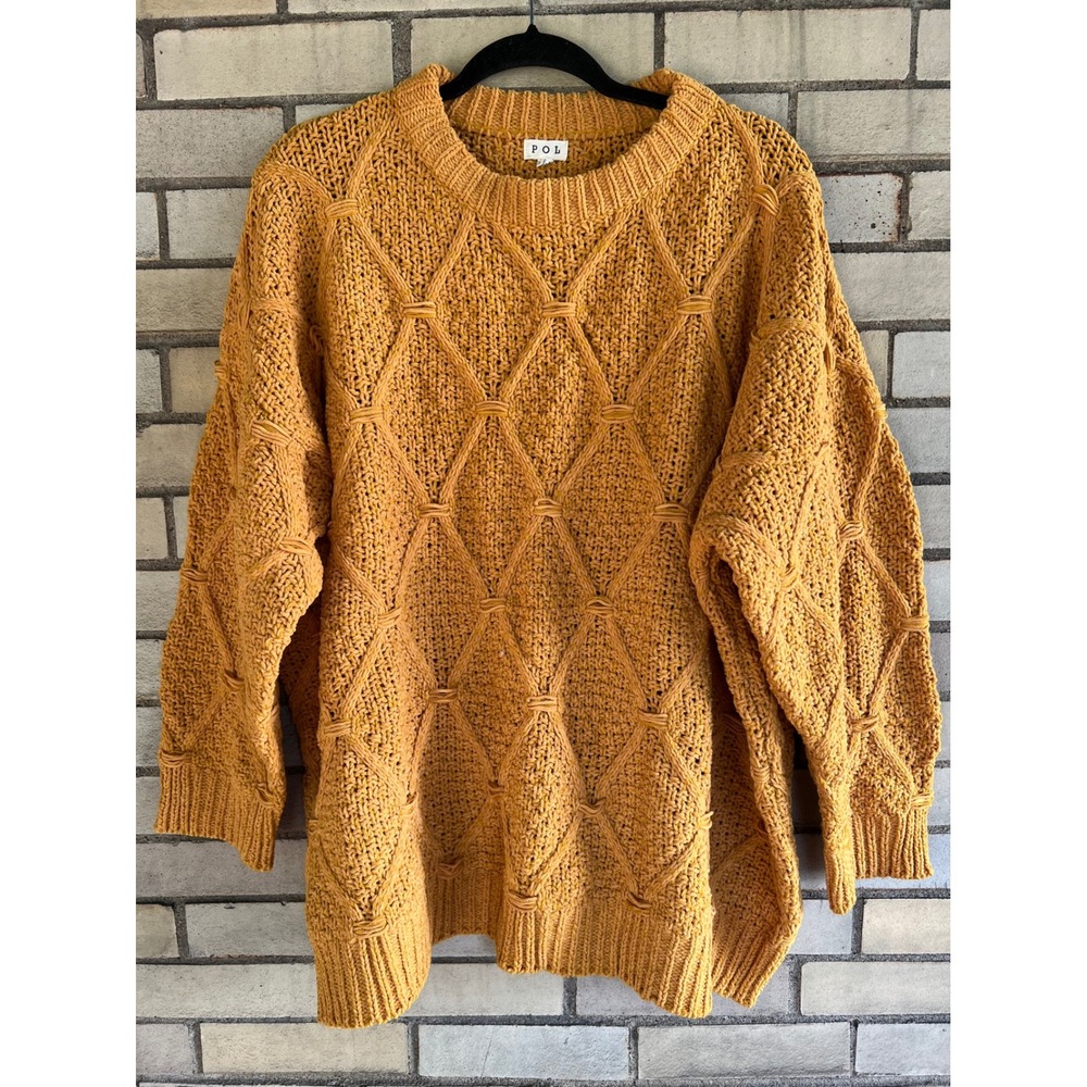 POL Mustard Yellow Diamond Textured Chunky Knit Oversized Sweater Size Large